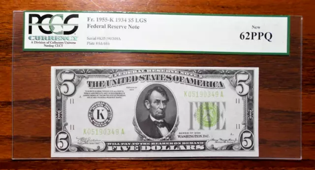 1934 $5 Federal Reserve Note (LGS) Light Green Seal 💲 PCGS 62 PPQ