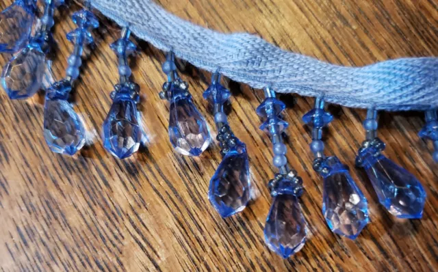 Trim - Woven 1/2" Band w/1 1/4" Glass Bead Drops - Blue. 38" Long  Vintage