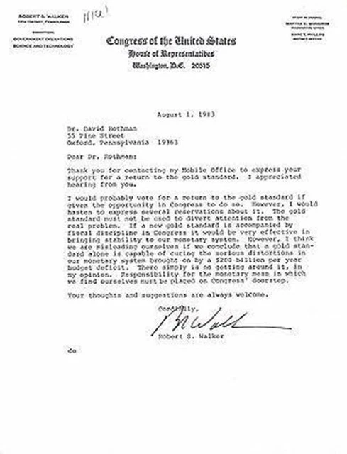 Bob Walker Pennsylvania Congress Original Autograph Signed Gold Standard Letter