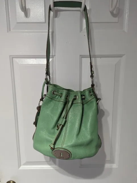 Fossil Grayson Bucket Bag Drawstring Mint Green Leather Hobo Shoulder Purse