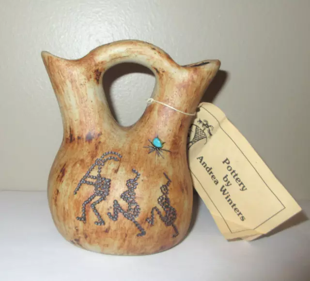 Wedding Vase Pottery by Andrea Winters Petraglyphs Turquoise Inset Moab Utah 5"