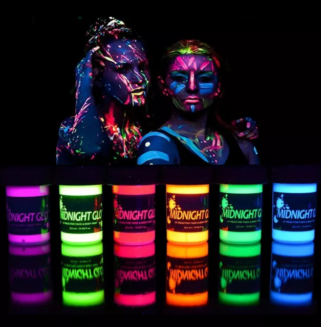 Neon Glow In The Dark Face And Body Paint Party 6pcs UV Reactive Made In The USA