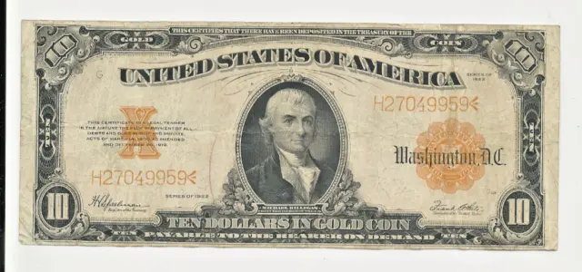 1922 $10 Ten Dollars Large Gold Certificate Note $10 Ten Dollars In Gold Coin