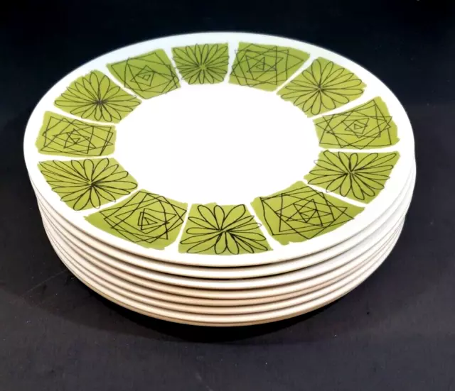 Set of 8 Vintage Texas-Ware G-3 Green Atomic Flower Pattern Melamine 10" Plates