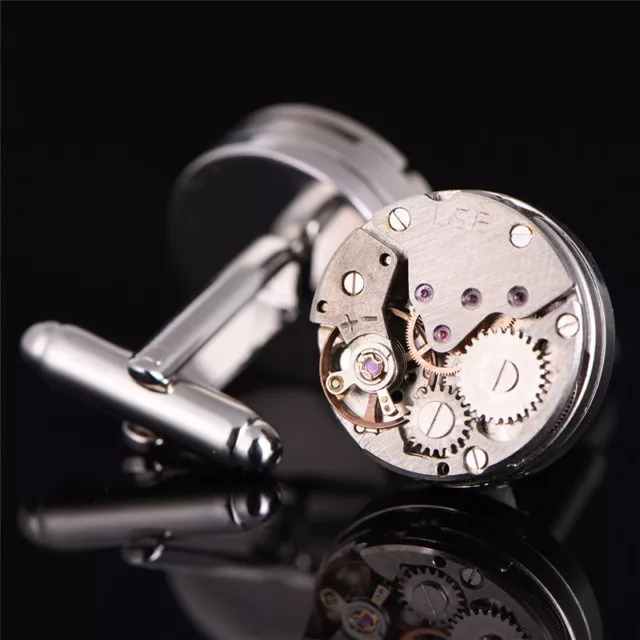 1Pair Vintage Mens Cufflinks Watch Movement Cuff Links Wedding Silver Steampu;c;