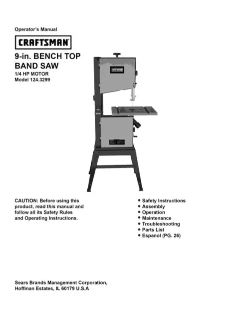 Owner's Manual & Parts List  Sears Craftsman 9" Band Saw - Model 124.3299