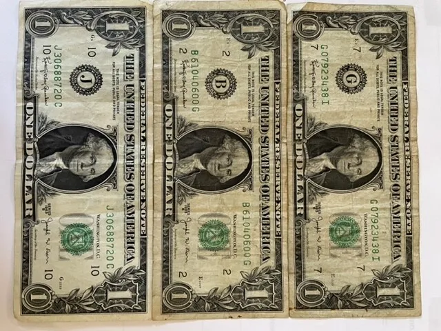 $1 Joseph W Barr 1963 B Federal Reserve Note Circulated Lot of 3