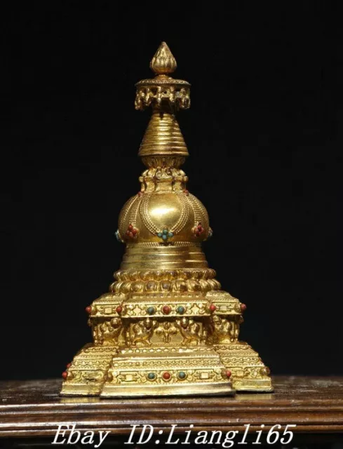 8'' Antique Old Tibet Bronze Gilt Inlay Gems Buddhism Temple Pagoda Tower Statue