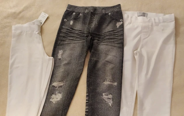 3 X Jeggings Ragazze Età Circa 11 Anni Bianco Nero Look Anteriore