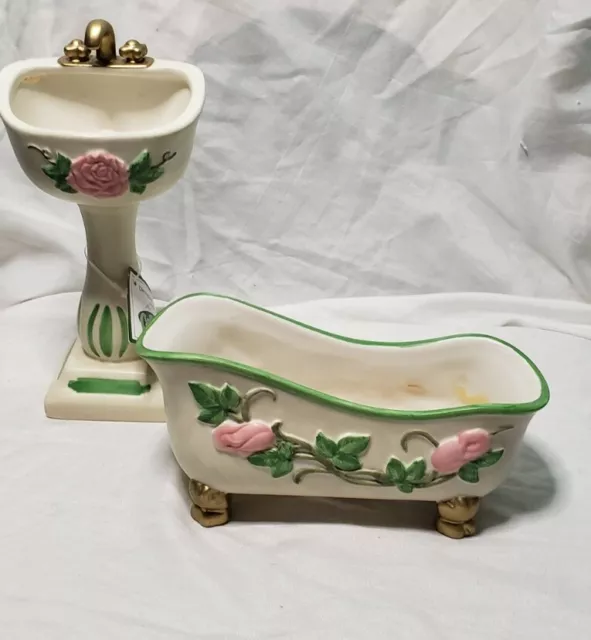Vintage Claw Foot Tub Pink Roses Soap Dish and Pedestal Sink 9” Victorian Style