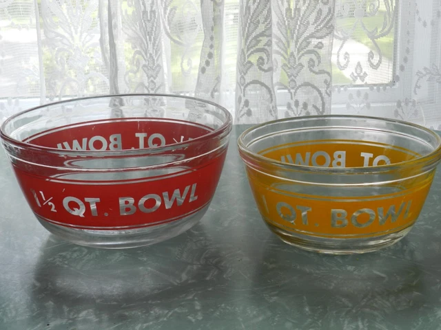 Vintage Retro Anchor Hocking Glass Mixing Nesting Bowl Red Yellow 1 & 1.5 Quart