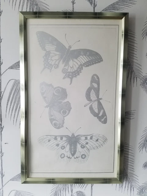 Vintage Art, Butterflies, Silkscreen, Silver Paint, circa 40's, Framed