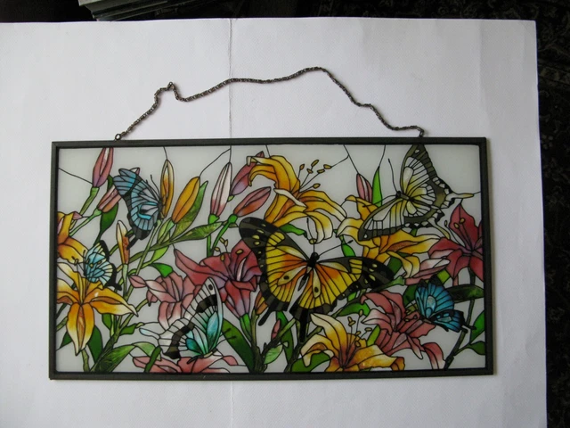 Handcrafted stained glass window panel Butterflies and Flowers