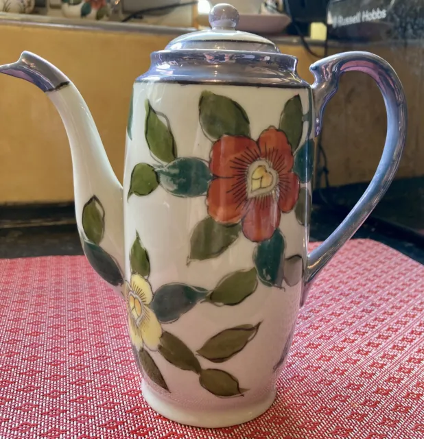 Vintage Hand Painted Japanese Lustreware Coffee Pot Purple & Floral Design. MINT