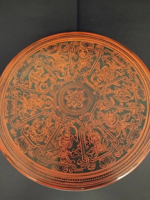 Burmese Asian Orange Lacquer Betel Nut Box RARE Zodiac and Maker Inscription 19