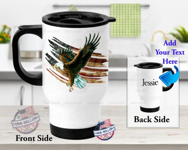 Coffee Mug Stainless Steel Personalized Any Text American Flag Soaring Eagle Mug