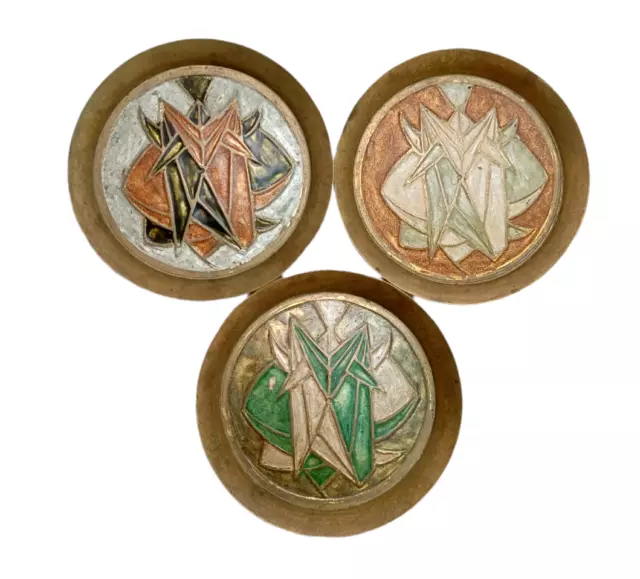 3 Pc Vintage Old Antique Brass Fine Design Embossed Hand Painted Plate / Tray