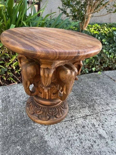 Hand Carved Solid Wood Small Table / Plant Stand W/ Elephants On Base