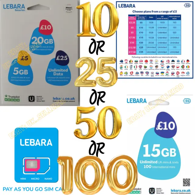 10x, 25x, 50x, or 100x LEBARA UK Sim Cards Brand new Pay & Go Job lot, wholesale