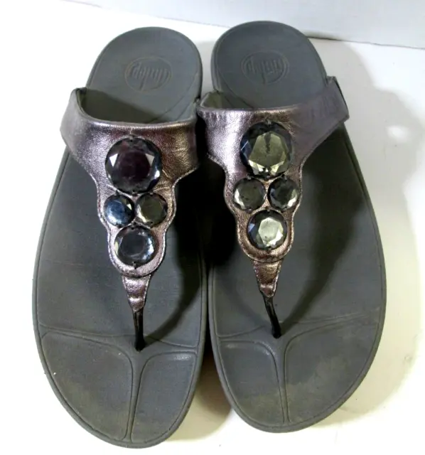 FitFlop Lunetta  sz 10 Pewter Leather Flip Flop Sandal  Bling Accent Stones
