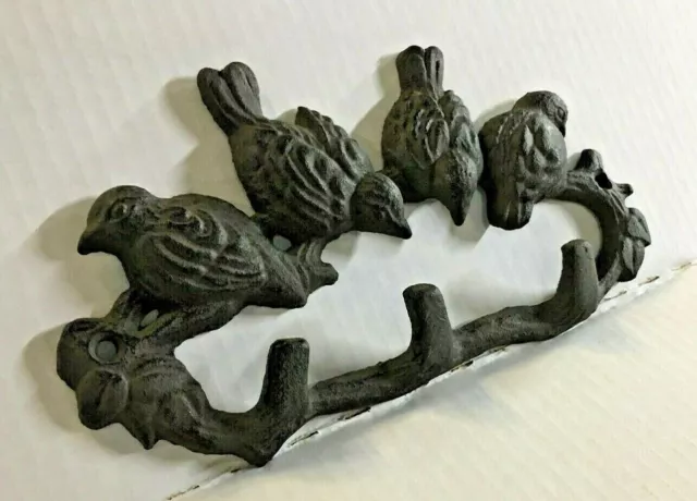 4 Blue Birds on a Branch Towel Hanger Coat Hat Hook Key Rack Rustic Home Décor