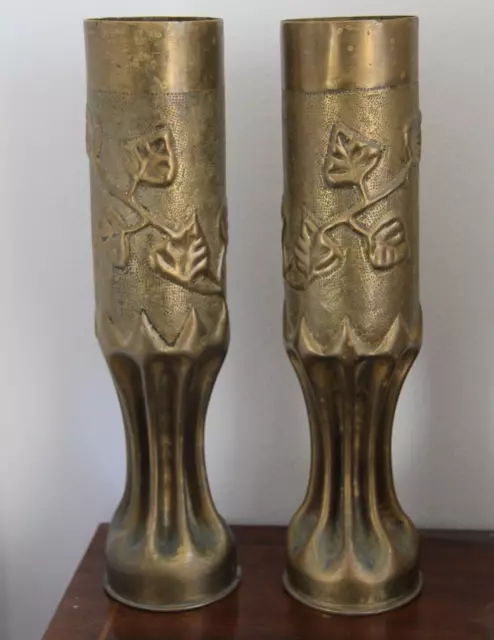 Trench Art! 1918 WWI French Artillery Shell. Antique Floral Vase Pair.