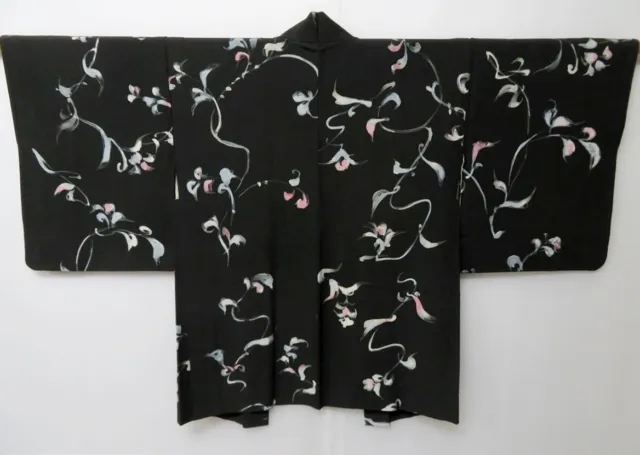 0426T05z680 Vintage Japanese Kimono Silk HAORI Black Flower