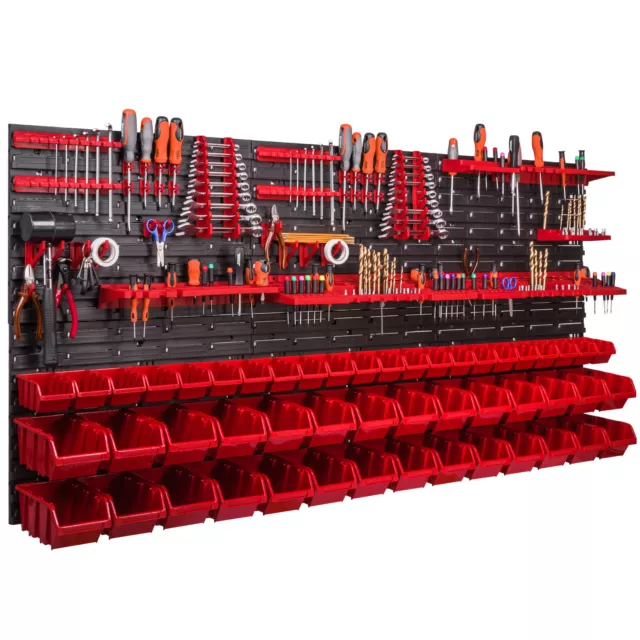 50 Stapelboxen Wandregal XXL 173 x 78 Werkzeughalter Werkzeugwand Sichtbox rot