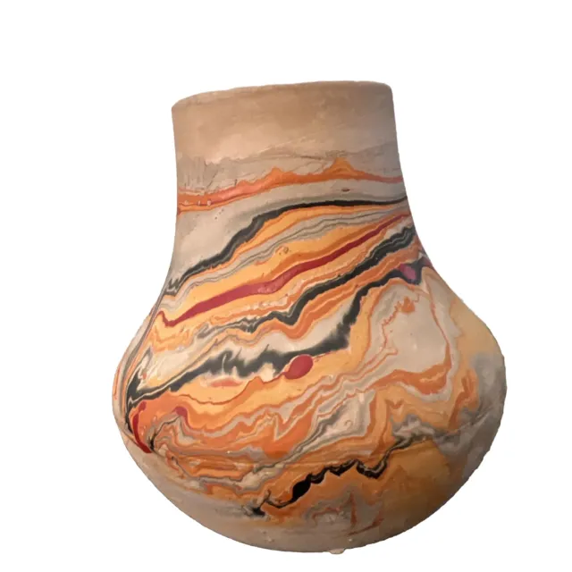 Nemadji Indian Art Pottery Vase  Native Clay Orange, Tan, Multi Marble Swirl USA