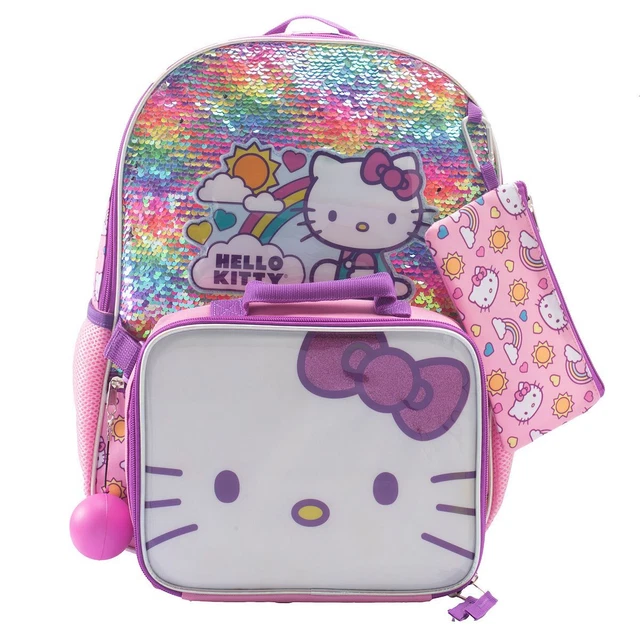 5 PC HELLO Kitty Backpack Lunch Box Bag Tote Lunchbox Case Flip Sequins ...