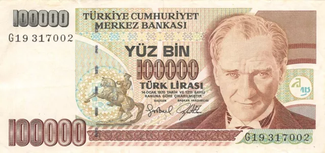 Turkey  100,000  Lira  ND. 1991  Series  G  Circulated Banknote LA/NY