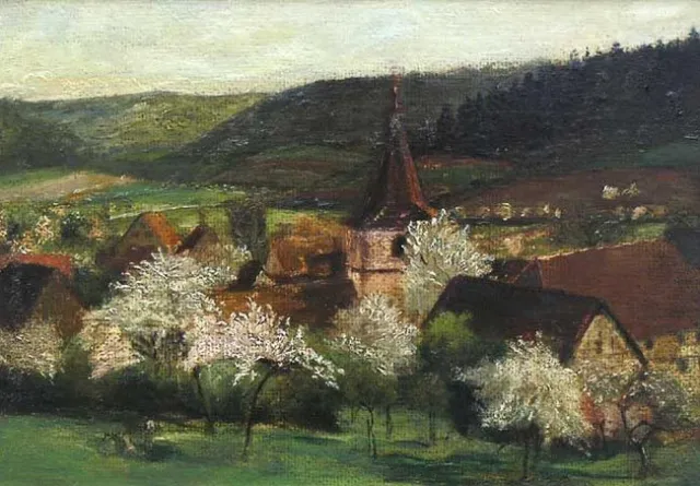 Altes Frühlings-Gemälde Dorf mit Kirche und blühenden Bäumen
