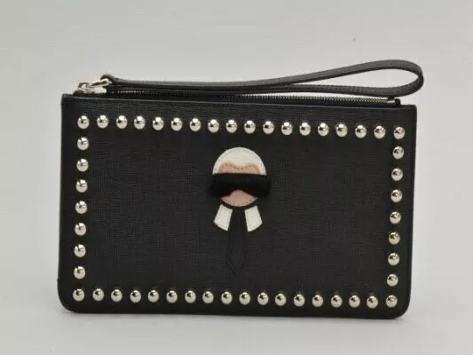 FENDI Karlito  Black White Beige Studded Clutch Mink Fur Embroidery 179-8242