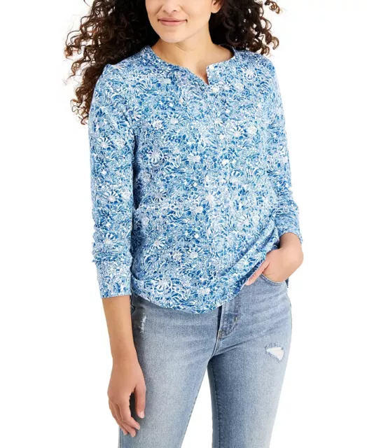 Style & Co (A23-55*) Petite Printed Cotton Knit Top Blue Floral Sz PP