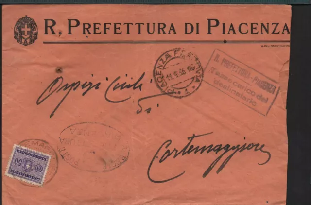 ✔️ Italy Italia Regno Nice Cover Prefettura Di Piacenza Segnatasse