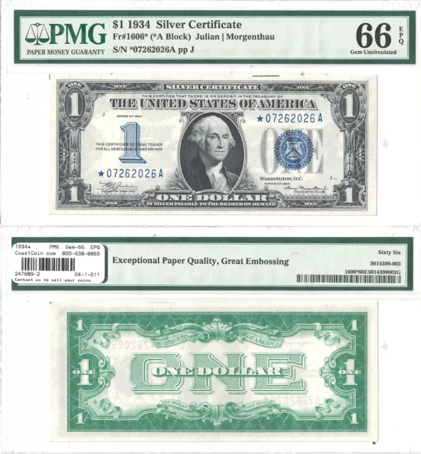 1934* $1 Silver Certificate F-1606* PMG Gem Uncirculated-66 EPQ
