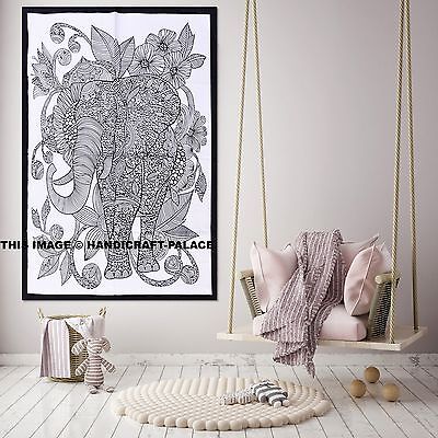 Indian Elephant Mandala Wall Hanging Tapestry Black White Hippie Dorm Tapestries