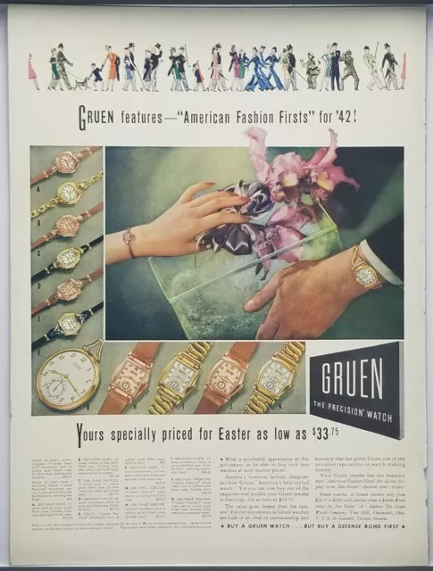 1942 Gruen Watch Co. American Fashion Firsts For '42! Vintage WWII Era Print Ad