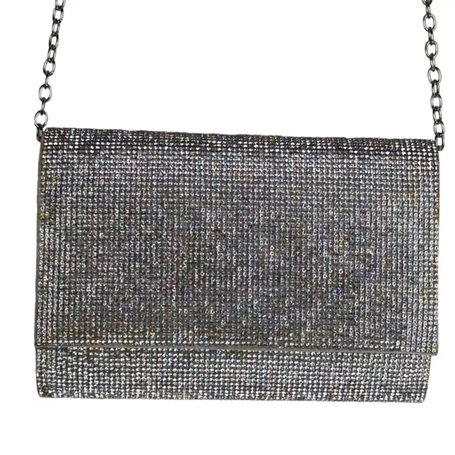 Jessica McClintock Silver Rhinestone Evening Bag Clutch Purse Hiding Chain