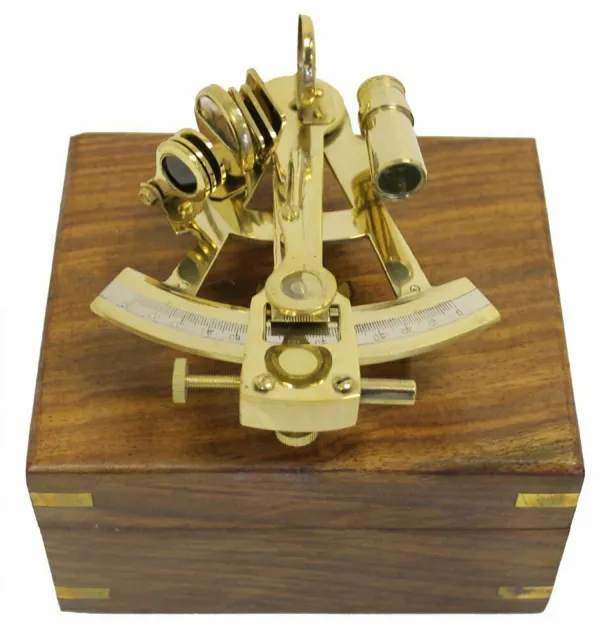 4" Antique Marine Nautical Brass Working Maritime Sextant With Wooden Box Decor