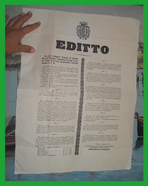 Regno delle Due Sicilie RARO EDITTO MANIFESTO SULLA STAMPA DELLE CARTE DA GIOCO Regno delle Due Sicilie RARO EDITTO MANIFESTO SULLA STAMPA DELLE CARTE DA GIOCO