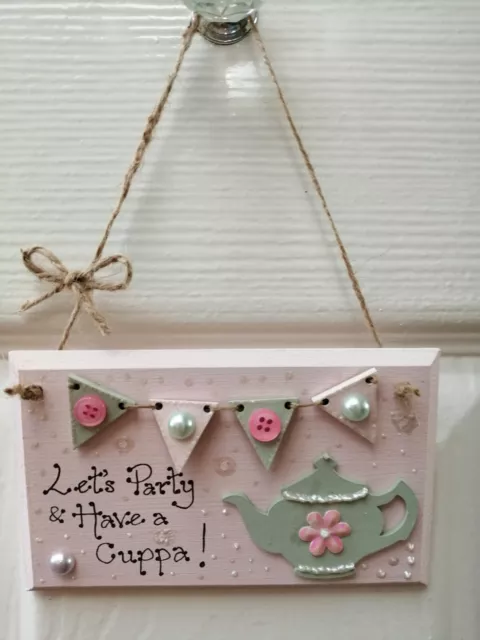 * Handmade Afternoon Tea Pot Summer Party Plaque Sign Gift Present Shabby Chic *