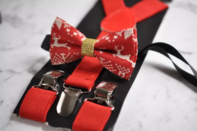 BOYS BABY KIDS Braces Suspenders RED Xmas Christmas ELK Bow Tie 1-8 Years Old