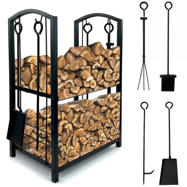 Firewood 2 Tier Rack Log Holder Wood Storage with Hooks 4 Tools Black