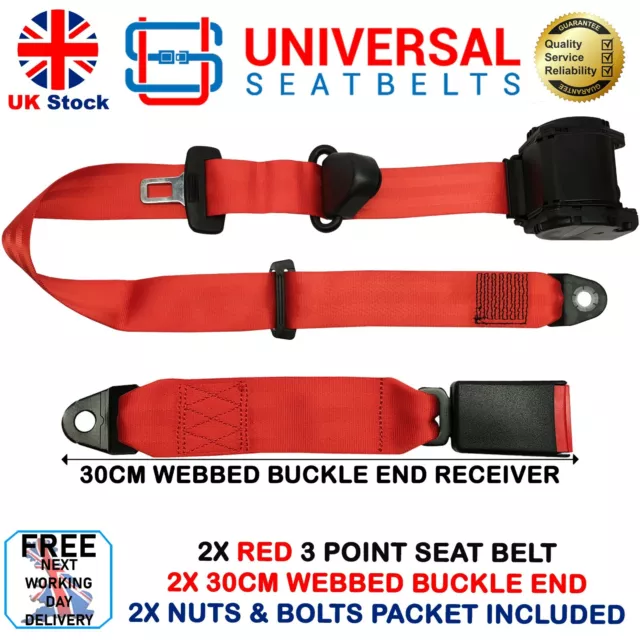 2x Universal Red 3.5 Meter Length 3 Point Seatbelt & 30cm Webbed Buckle Receiver