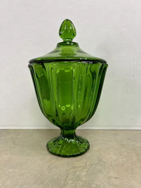 Vintage Green L. E. Smith Ribbed Pedestal Covered Candy Nut Dish With Lid MCM