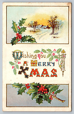 Postcard wishing you a Merry Christmas winter scene holly