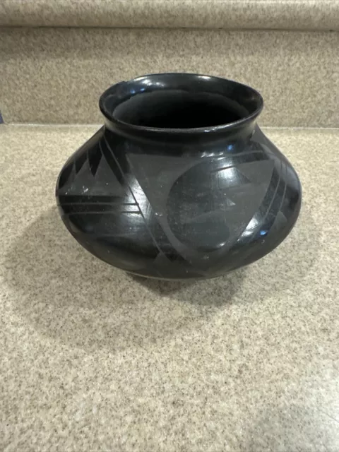 Black Etched Pottery Vase Bowl Signed Comanche 5” Tall Native American Round