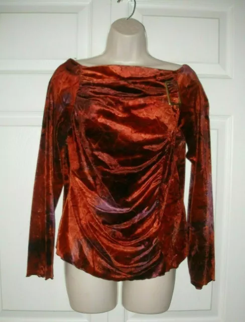 Women's Large Velvet Top Brown Copper Orange Blend Draped Neckline with Buckle