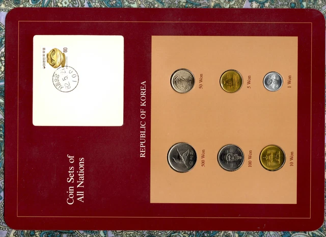 Coin Sets of All Nations Korea w/card UNC 500,100 Won 1984 1,5,10,50 Won 1983